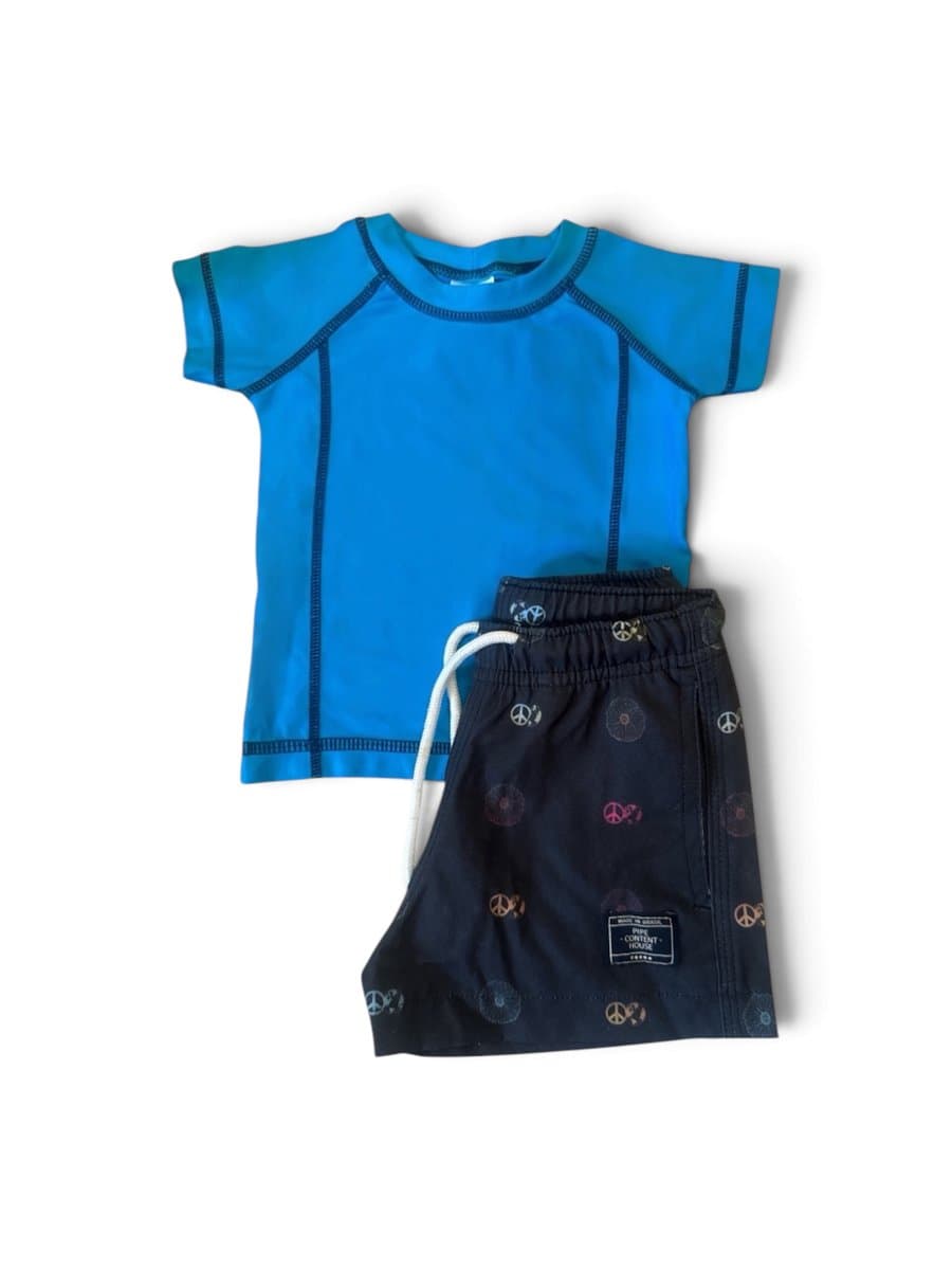 Kit Praia Camiseta Mc Uv + Bermuda Pipe, Azul, tamanho 2