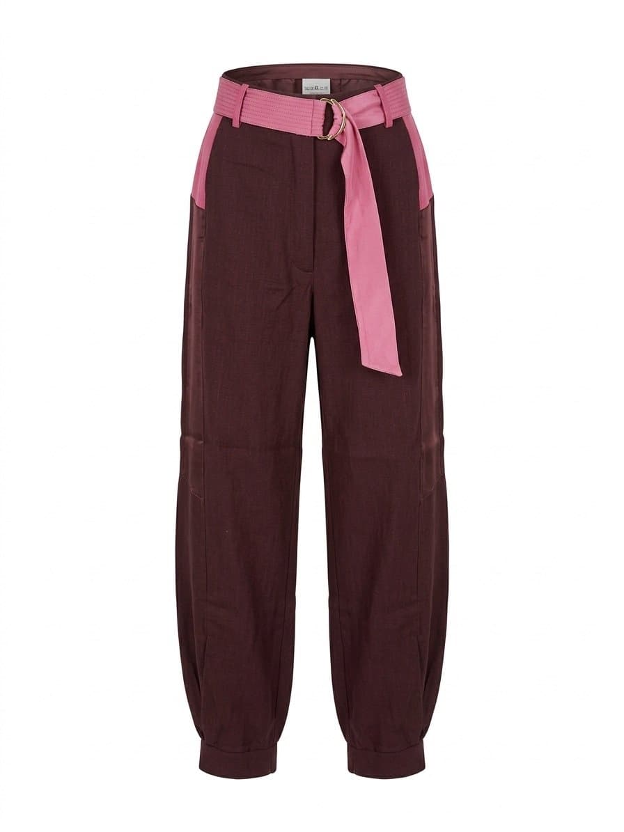 Calça Linho com Cinto Marrom/Pink Open PP, Marrom, tamanho PP