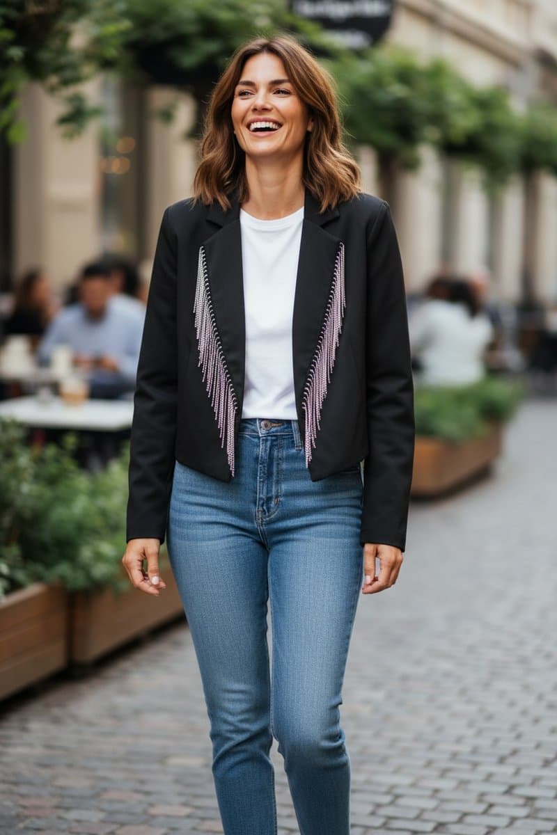 Blazer Alfaitaria com Franjas Strasas My Fit M, Preto, tamanho M — foto 2