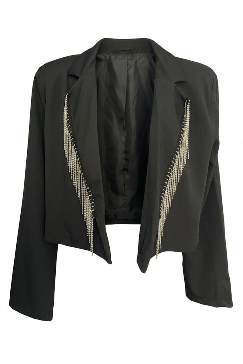Blazer Alfaitaria com Franjas Strasas My Fit M, Preto, tamanho M