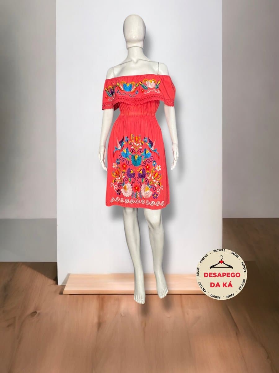 Vestido Curto Pessego Bordado Colorido M, Coral, tamanho M — foto 3