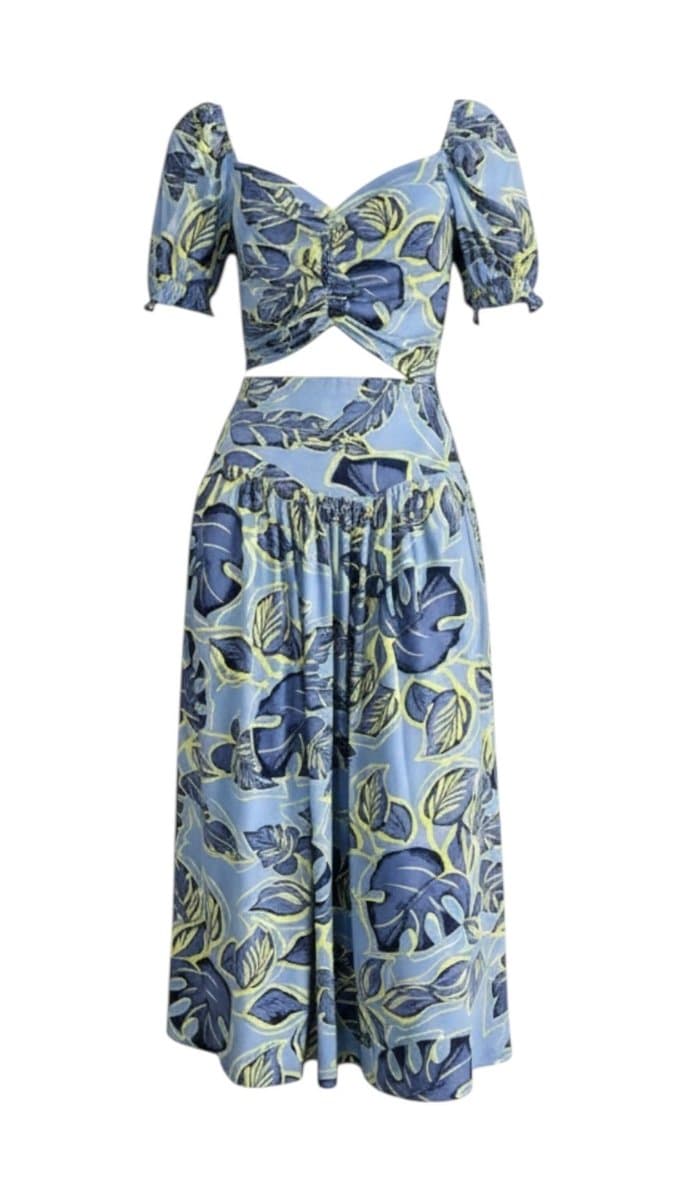 Conjunto Top+Saia Azul/Lima Formato P, Azul, tamanho P
