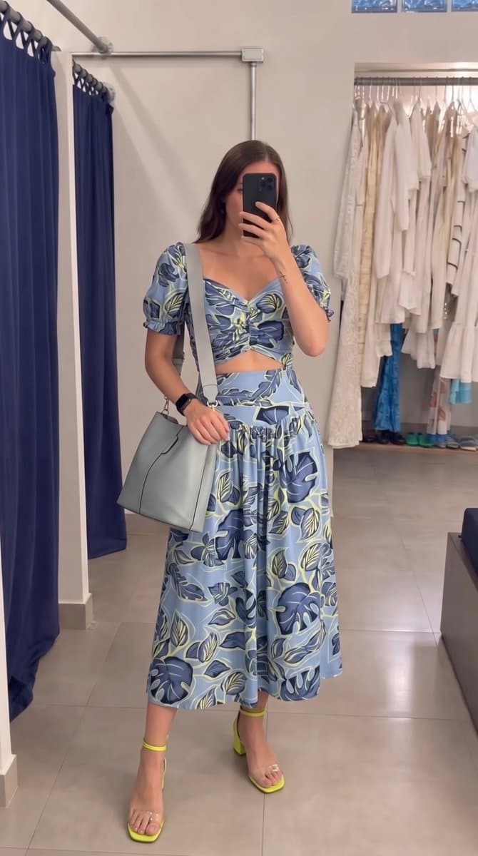 Conjunto Top+Saia Azul/Lima Formato P, Azul, tamanho P — foto 4