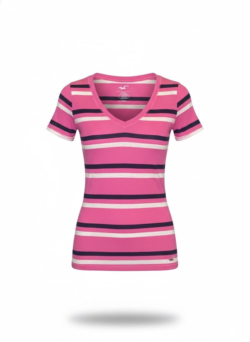 Tee V Listra Pink/Off/Marinho Hollister PP, Hollister, Rosa-chiclete, tamanho PP