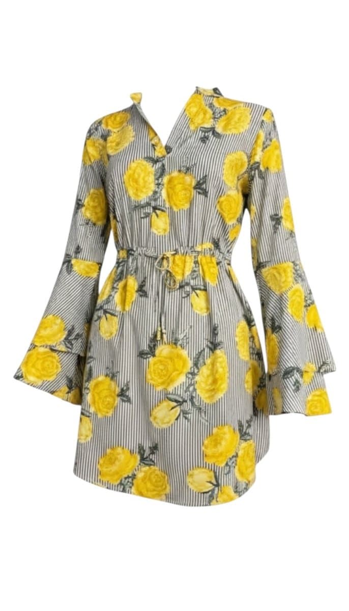 Vestido Curto ML Listra Flor Amarela Blush M, Amarelo, tamanho M