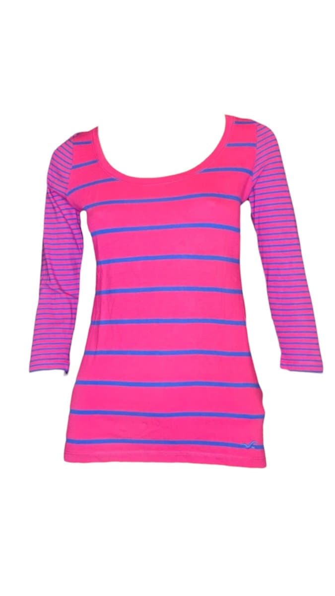 Tee ML Listra Rosa/Azul Hollister PP, Hollister, Rosa, tamanho PP