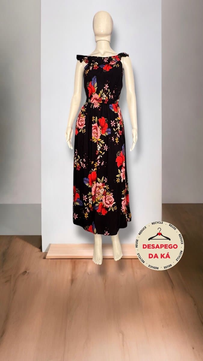 Vestido Midi Preto Estampa Flor Colorida M, Preto, tamanho M — foto 3