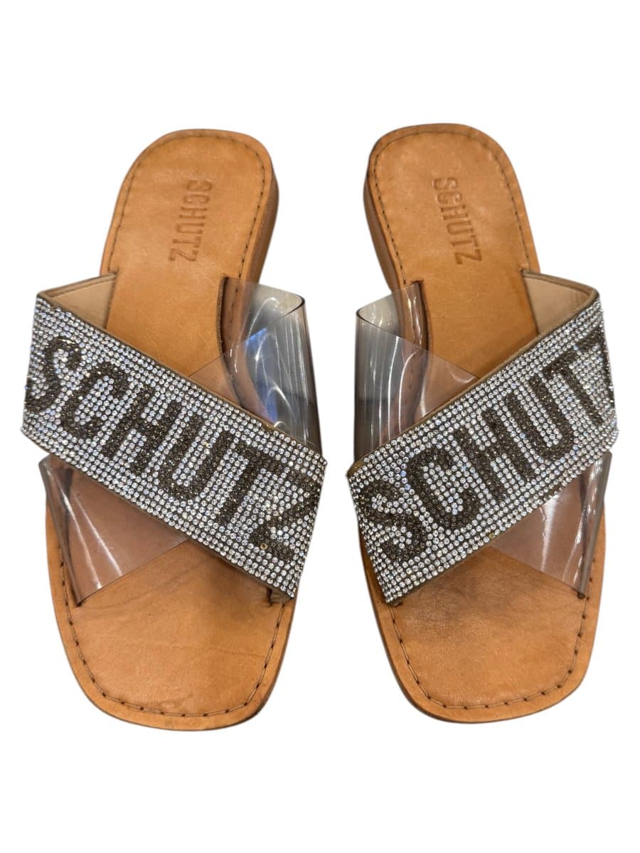 Rasteira Brilho+vinil Schutz, Schutz, Marrom-claro, tamanho 35