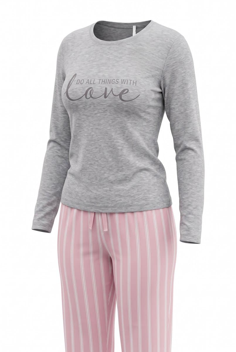 Pijama ML Love Cinza/Rosa Listra G, Cinza, tamanho G — foto 2