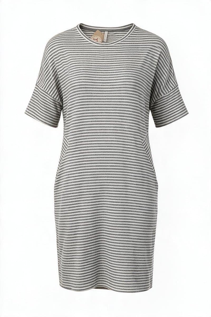 Vestido Tee Malha Listra Cinza/Off Marfinno, Marfinno, Cinza, tamanho G