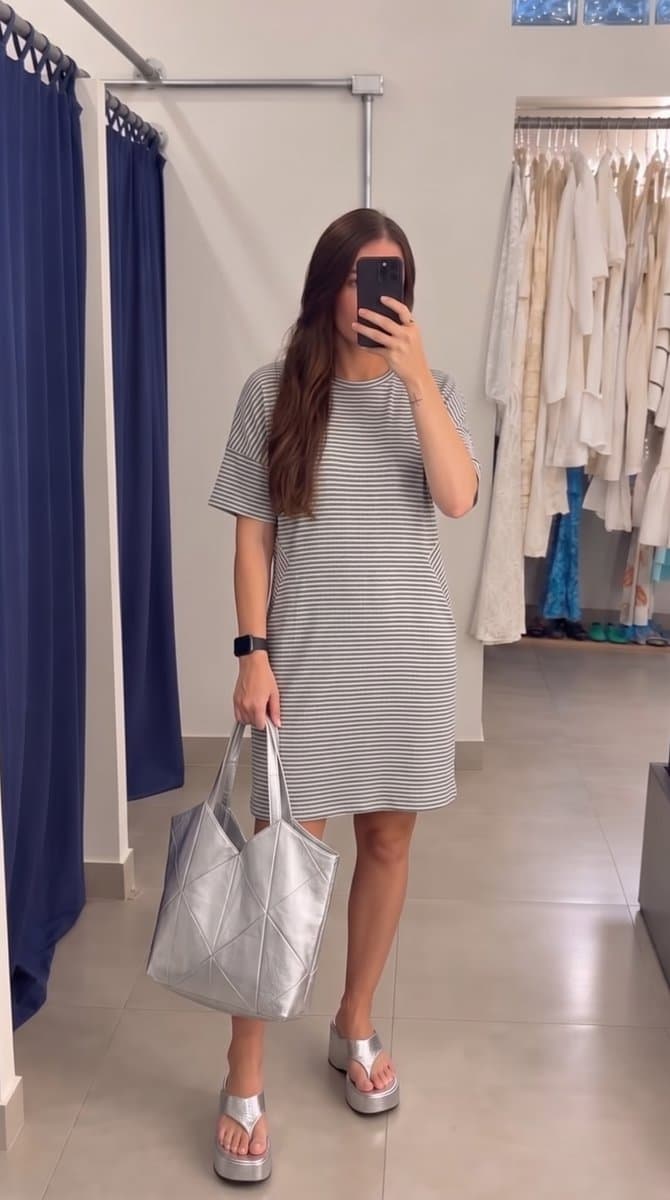 Vestido Tee Malha Listra Cinza/Off Marfinno, Marfinno, Cinza, tamanho G — foto 4