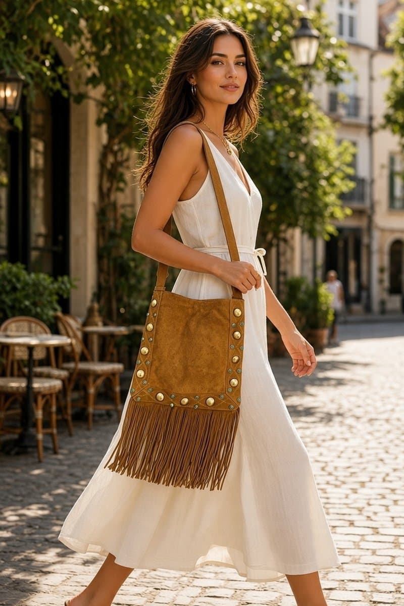 Bolsa Couro Camurça Franjas Caramelo Detalhes Turquesa Luiza Barcelos, Luiza Barcelos, Caramelo, tamanho UN — foto 2