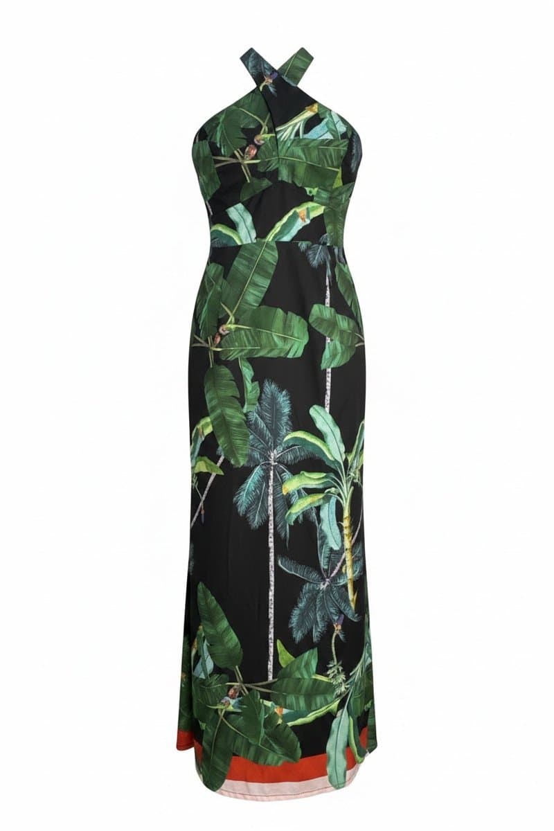 Vestido Longo Estampado Folhagens Vashti, Estampada, tamanho G
