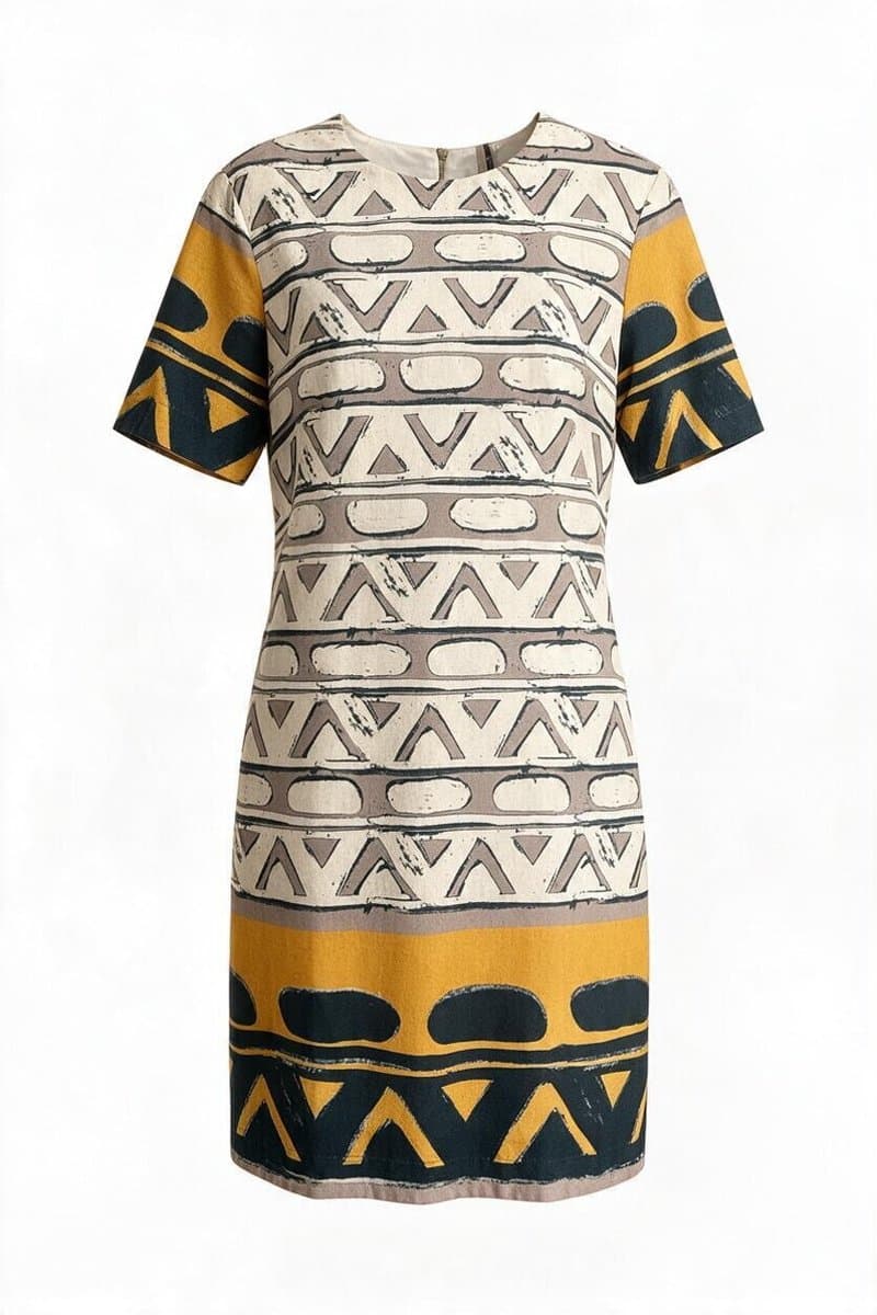 Vestido Linho Estampa Off/Marinho/Ocre Betelgeuse, Betelgeuse, Branco, tamanho M