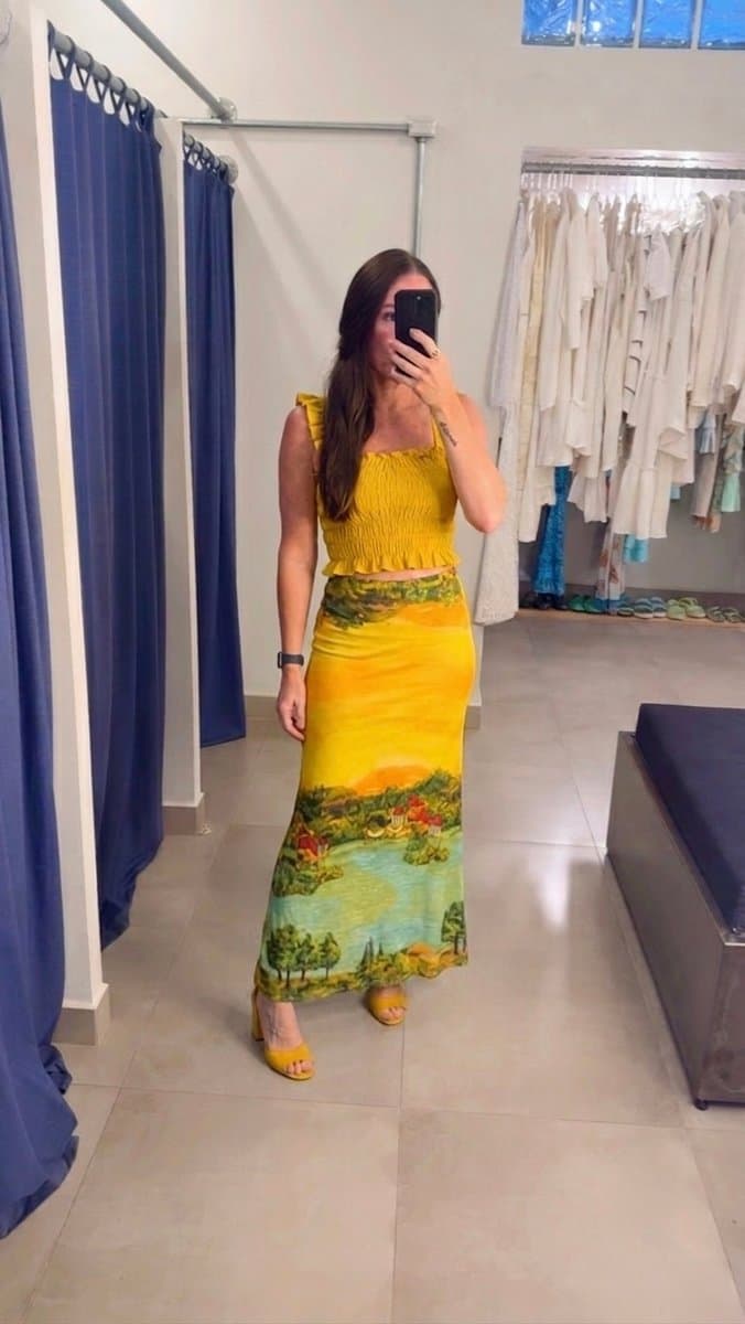 Saia/Vestido Estampa Casinha Amarelaa Farm, Farm, Amarelo, tamanho M — foto 3