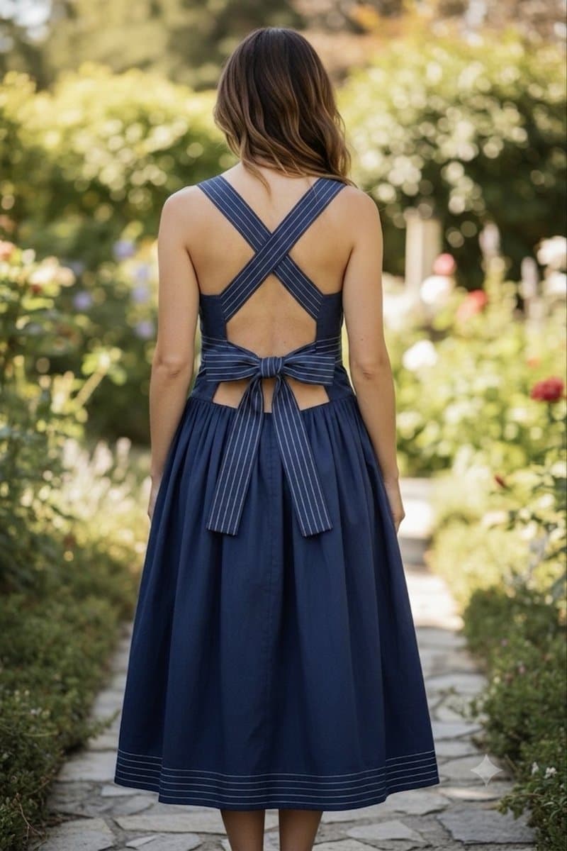 Vestido Marinho Pespontos Caramelo Acalanto, Acalanto, Azul-marinho, tamanho P — foto 3