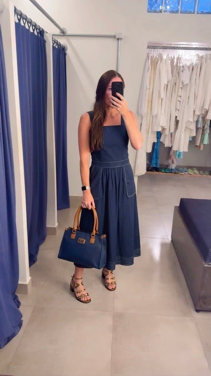 Vestido Marinho Pespontos Caramelo Acalanto, Acalanto, Azul-marinho, tamanho P — foto 4