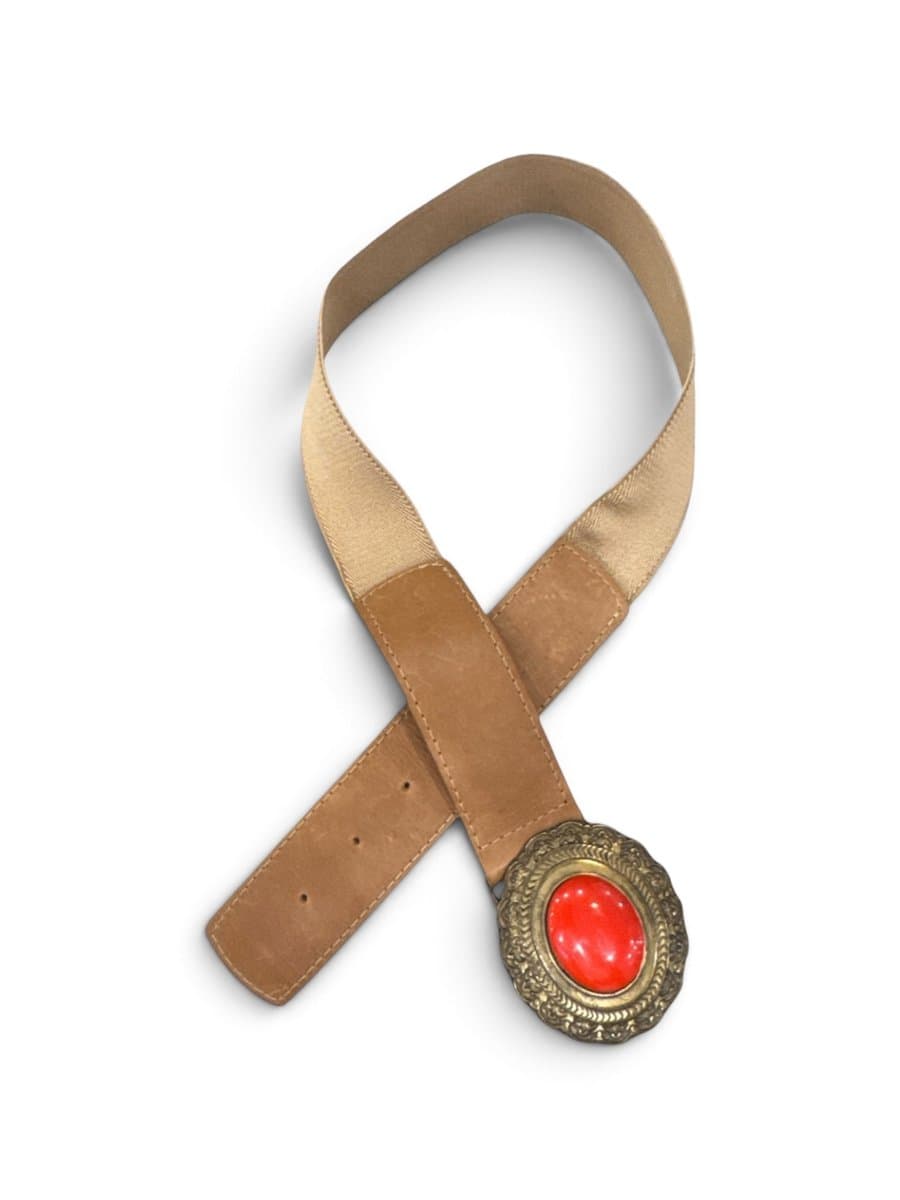 Cinto Caramelo Elastico Fivela Pedra Vermelho, Marrom-claro, tamanho -