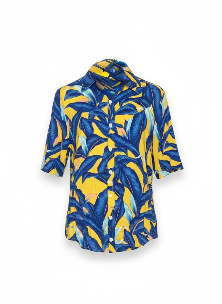 Camisa Estampa Amarela/Azul Folhas Farm M, Farm, Amarelo, tamanho M