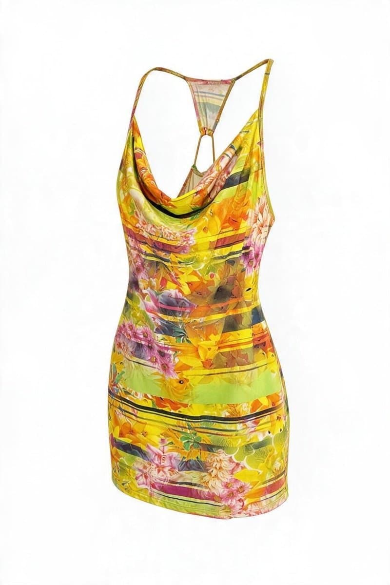 Saída de Praia - Vestido Amarelo Estampa, Amarelo, tamanho P